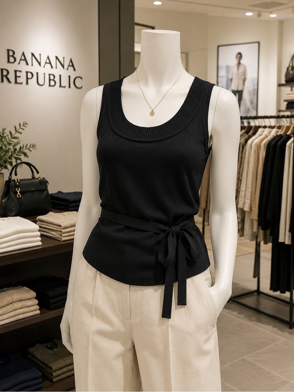 Banana Republic Black Sleeveless Tie-Waist Knit Tank Top